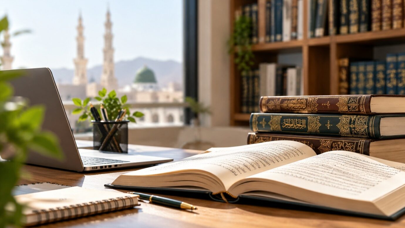 Research books and study materials in a workspace overlooking Al-Masjid an-Nabawi in Madinah