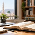 Research books and study materials in a workspace overlooking Al-Masjid an-Nabawi in Madinah