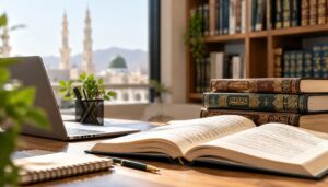 Research books and study materials in a workspace overlooking Al-Masjid an-Nabawi in Madinah